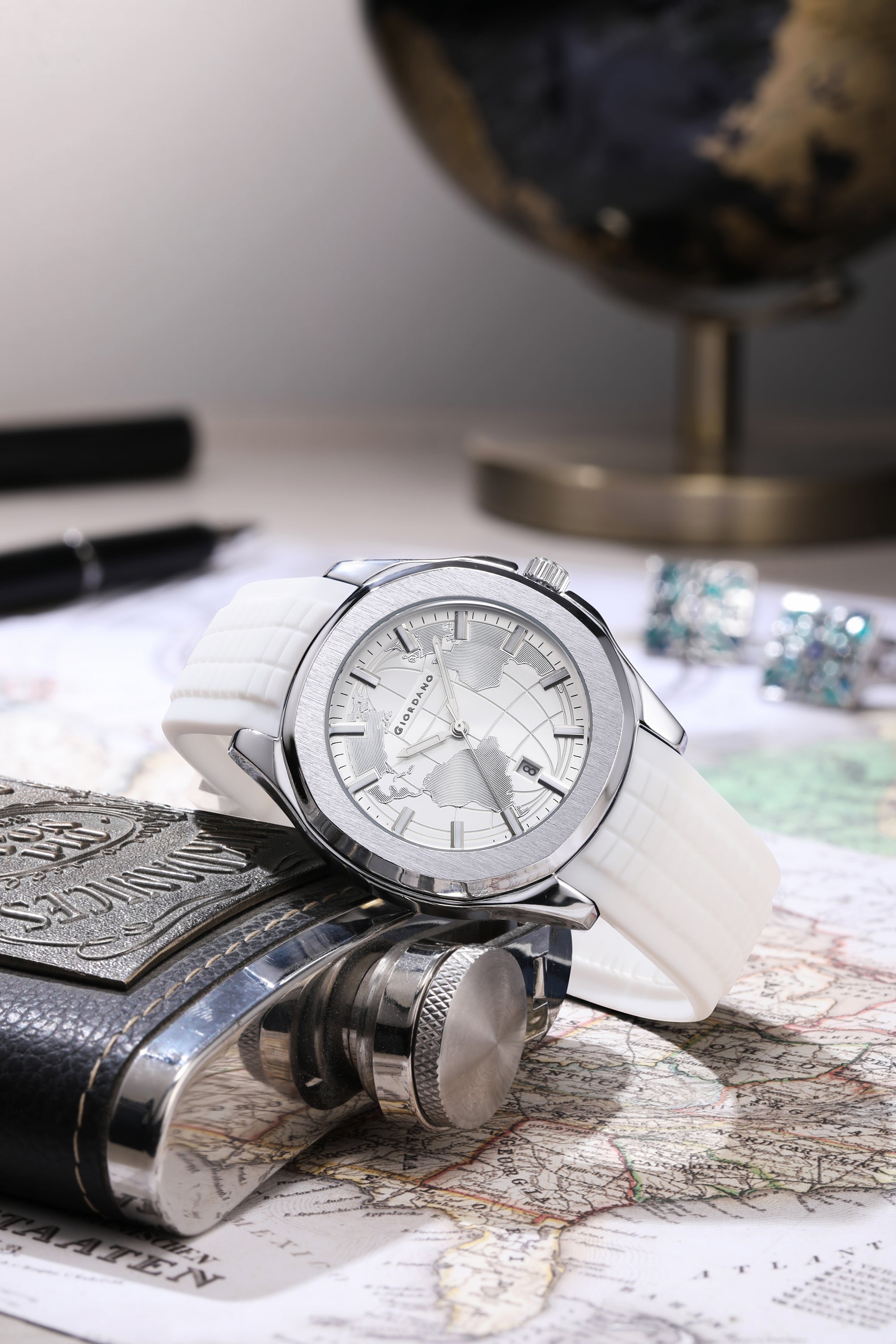 Giordano Stylish World Map design Watch for men with round dial and textured Silicone strap  | GZ-50147-06